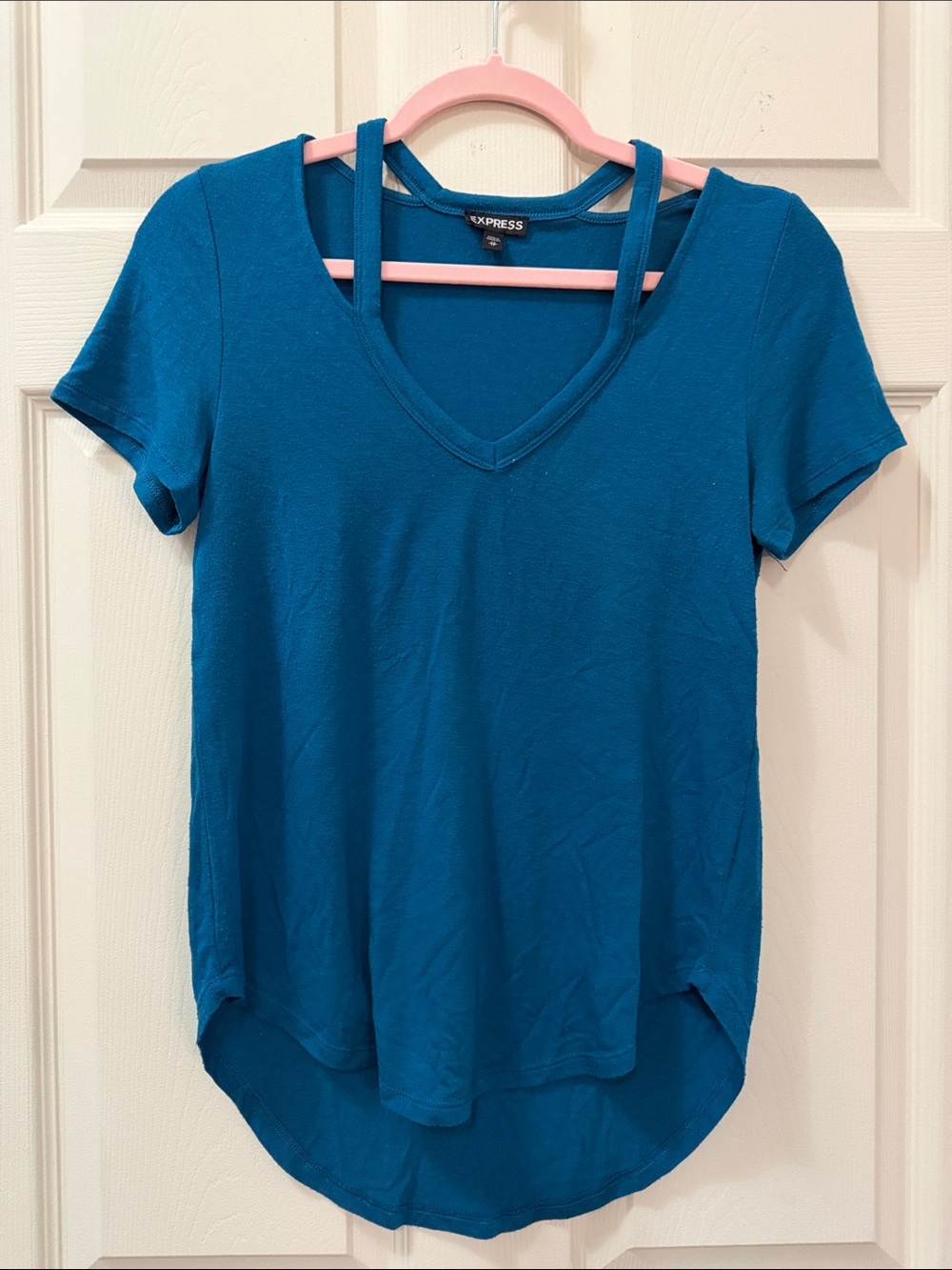 Express Teal Double-Strap V-Neck Short Sleeve Top